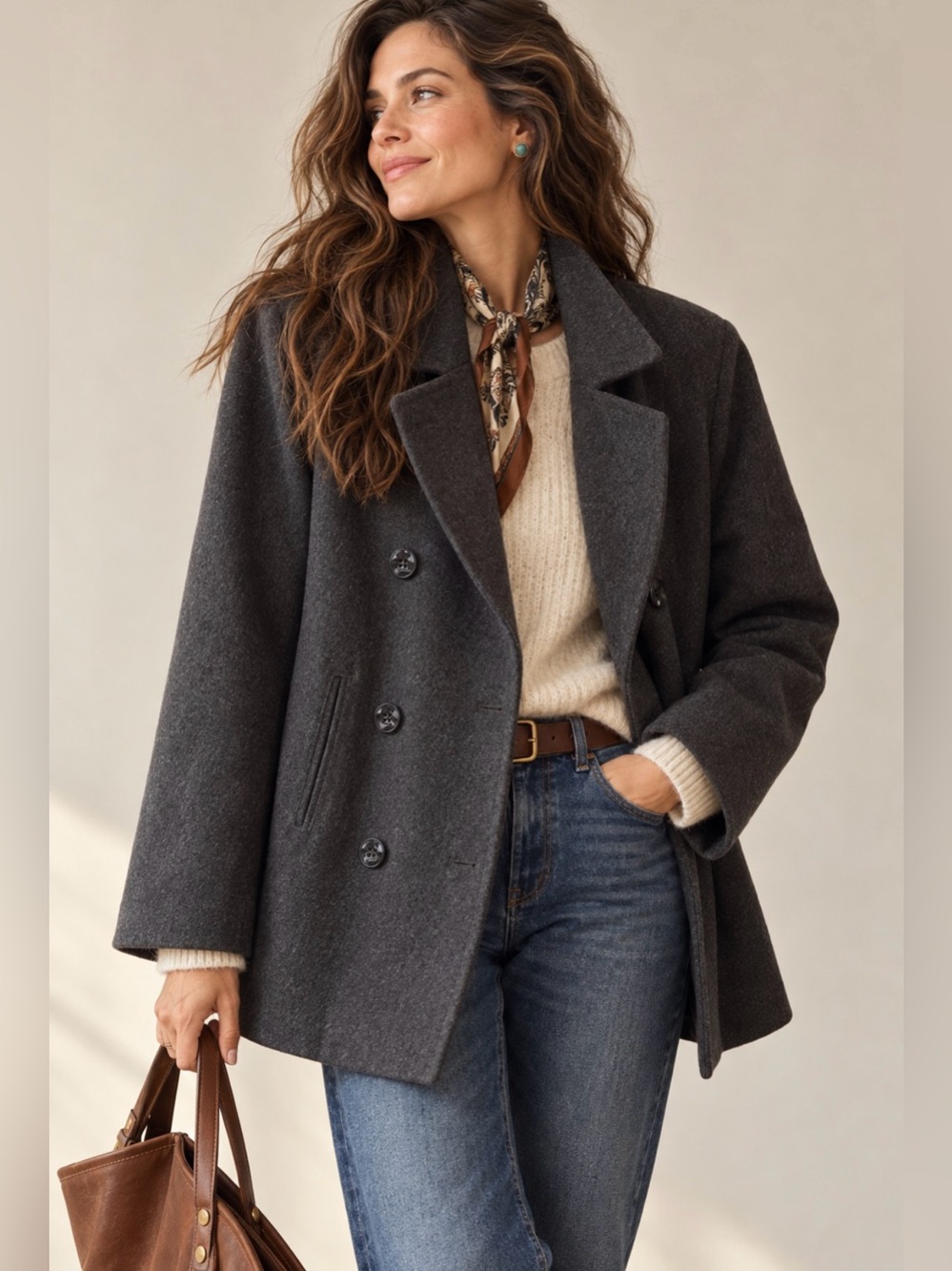Vintage J. Percy 100% Merino Wool Pea Coat Women’s Charcoal Gray Double Breasted